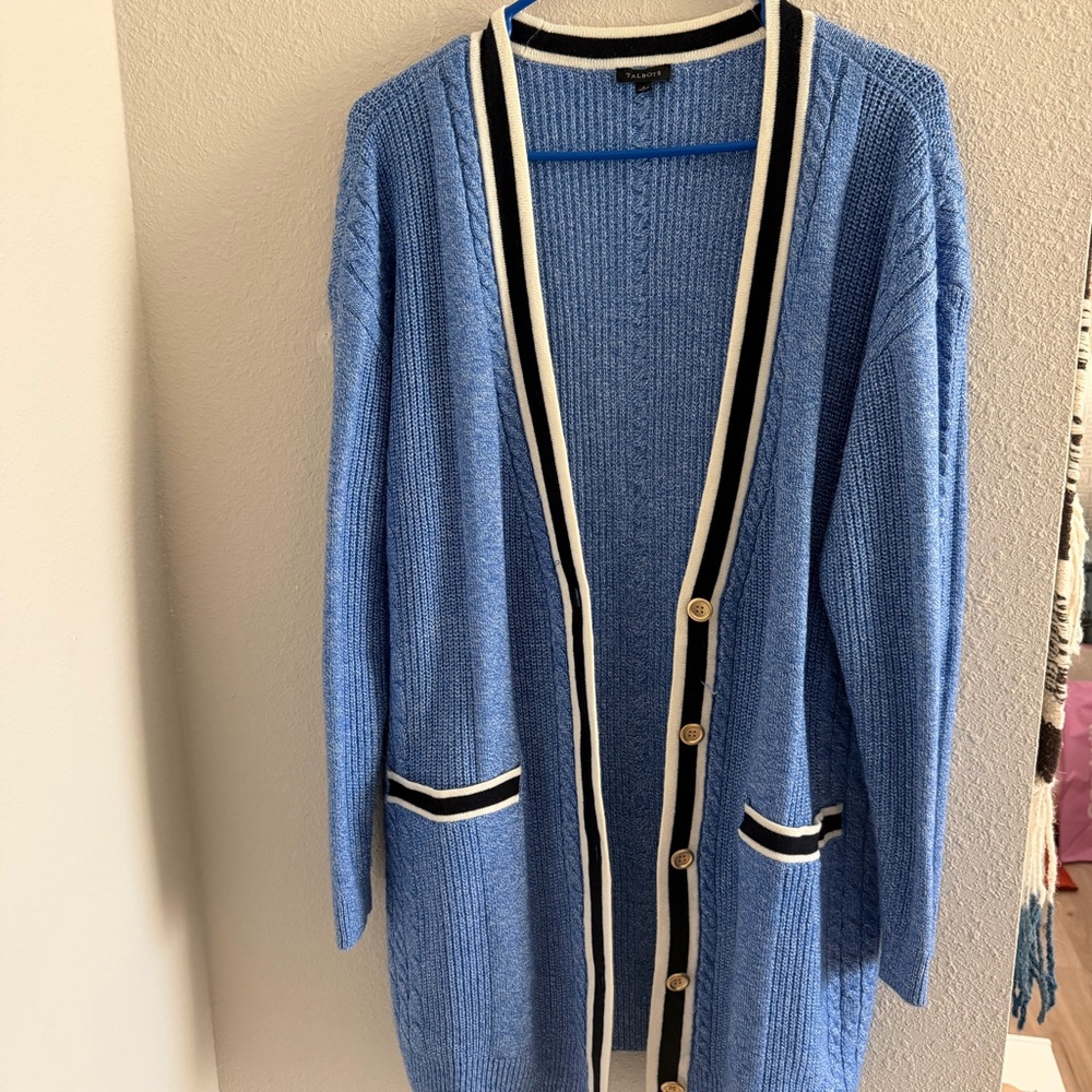 Talbots Blue Cardigan with Black and White Accents